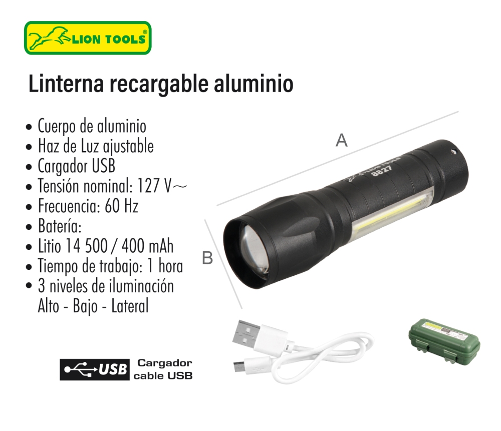 LINTERNA LION TOOLS RECARGABLE ALUMINIO AFOCABLE 3W  8827