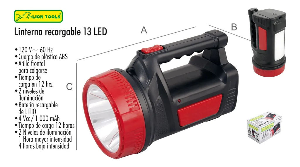 LINTERNA LION TOOLS RECARGABLE 3W + 1.5 W NEGRA  8836