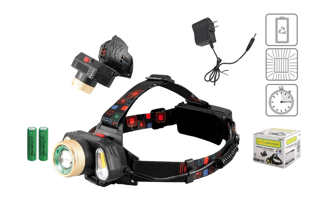 LINTERNA CABEZA LION TOOLS RECARGABLE ALUMINIO 6W600 LUMEN 2851