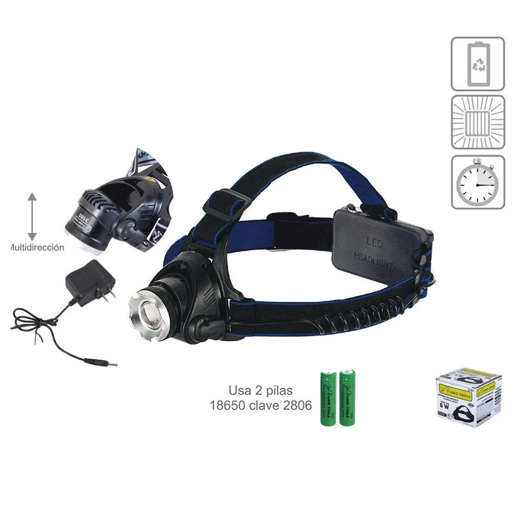 LINTERNA CABEZA LION TOOLS RECARGABLE ALUMINIO AFOC 8W  3185