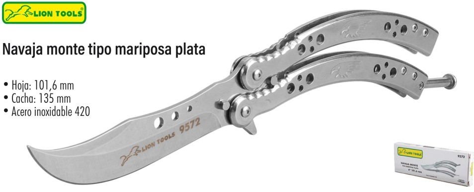 NAVAJA LION TOOLS 4&quot; TIPO MARIPOSA PLATA 9572