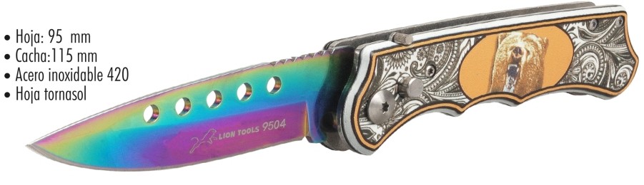NAVAJA LION TOOLS 4&quot; HOJA TORNASOL MANGO OSO AUTOMATICA 9504