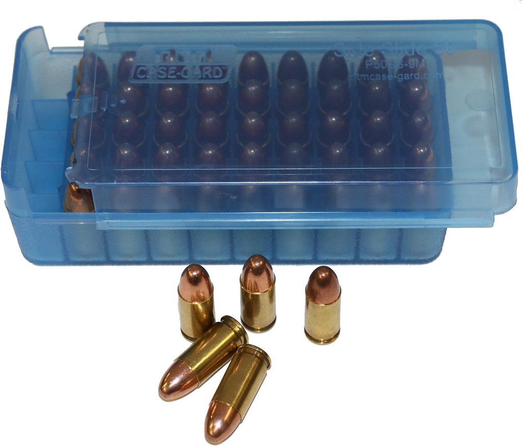 CAJA PARA CARTUCHOS MTM PISTOLA 50 PZAS 9MM LUGER Y MAKAROV, 380 ACP, .30 LUGER P50-9M-24