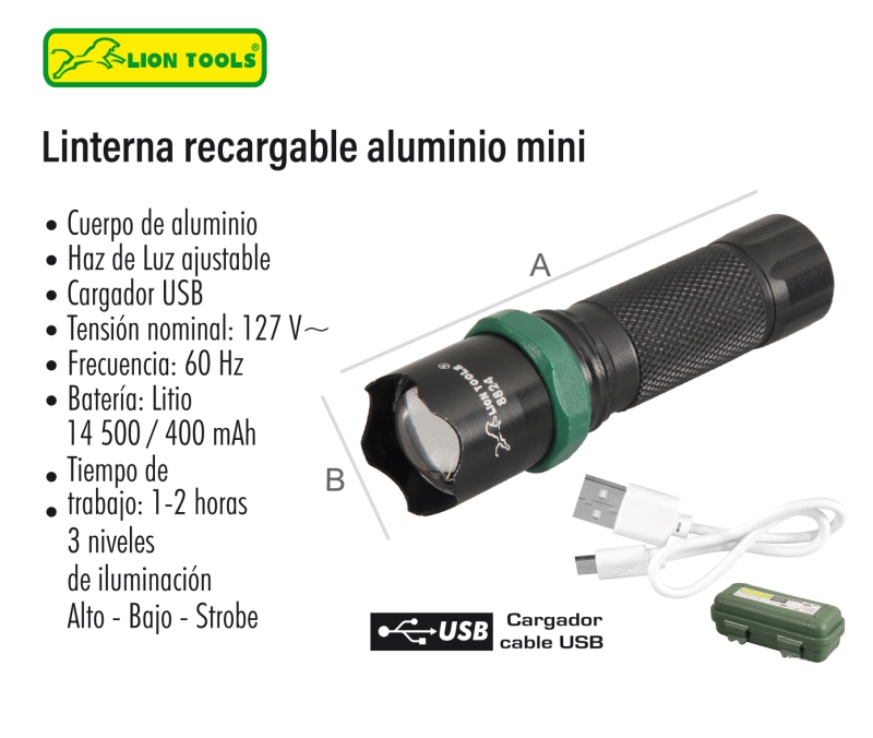 LINTERNA LION TOOLS RECARGABLE ALUMINIO MINI 3W 8824