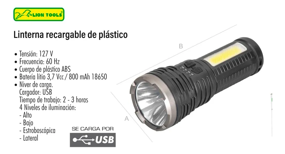 LINTERNA LION TOOLS RECARGABLE PLASTICO CON NIVEL DE CARGA 150 LM 8872