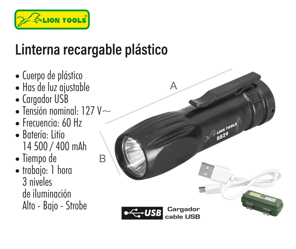 LINTERNA LION TOOLS RECARGABLE PLASTICO 1 W LUMENES 8829